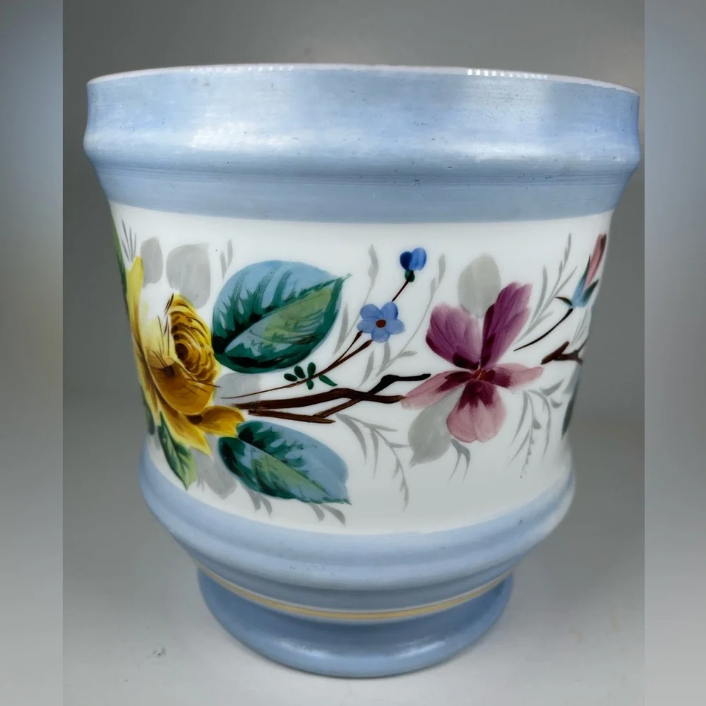 Vintage Milk Glass planter Westmoreland Style 1950s Cachepot floral hand painted